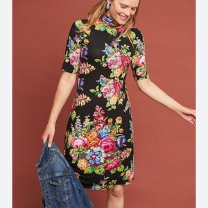 Anthropologie Ett :twa Coreyell Black Floral Turtleneck Dress